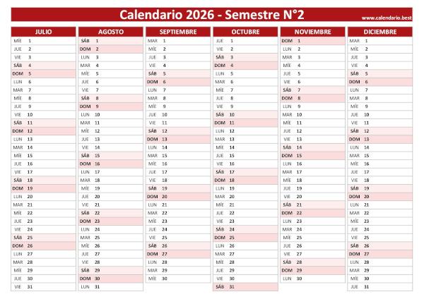 Calendario del segundo semestre de 2026 en blanco, diseño rojo para imprimir en A4