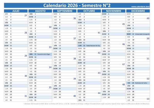 Calendario segundo semestre 2026 para imprimir, diseño con números de semana (PDF y JPG)