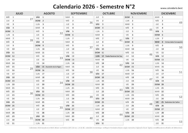 Calendario del segundo semestre de 2026 con semanas, diseño en blanco y negro