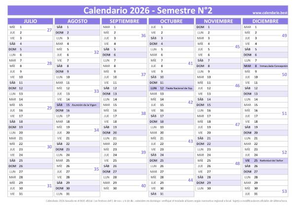 Calendario del segundo semestre de 2026 con semanas, diseño morado