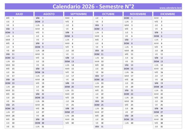 Calendario del segundo semestre de 2026 en blanco, diseño morado para imprimir en A4
