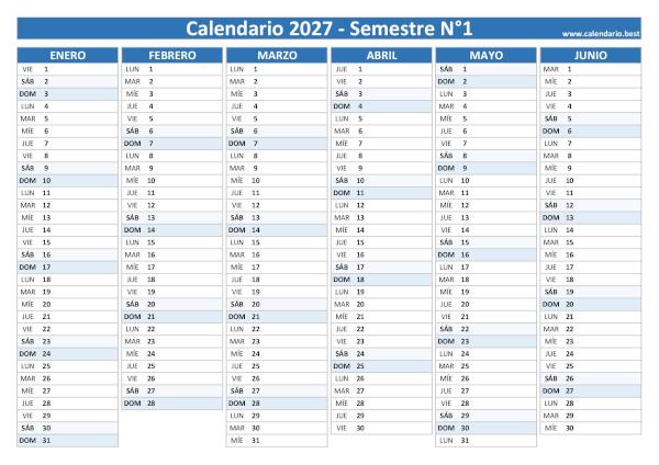 Calendario del primer semestre de 2027, formato A4 horizontal