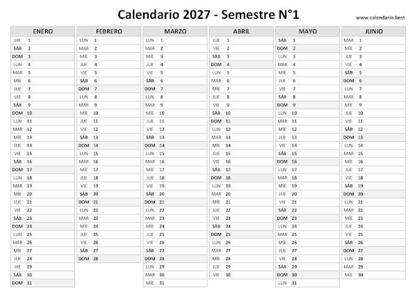 Calendario del primer semestre de 2027 en blanco y negro, sin números de semana, A4 horizontal