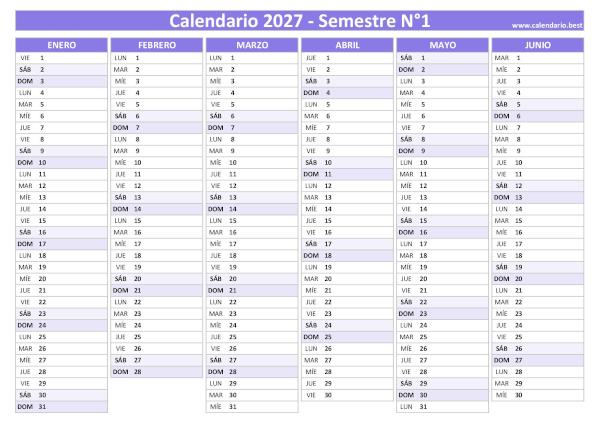 Calendario del primer semestre de 2027 en blanco, diseño morado, A4 horizontal