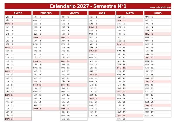 Calendario del primer semestre de 2027 en blanco, diseño rojo, A4 horizontal