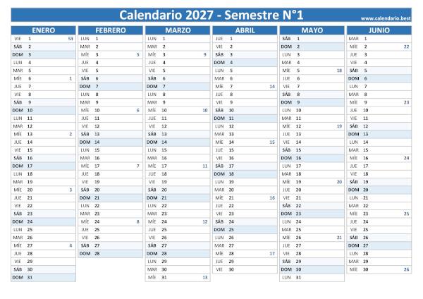 Calendario del primer semestre de 2027 con números de semana para imprimir