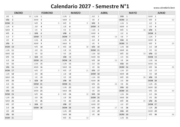 Calendario de enero a junio de 2027 con números de semana ISO, en blanco y negro, A4 horizontal