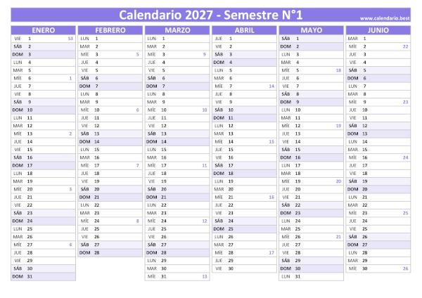 Calendario de enero a junio de 2027 con números de semana ISO, diseño morado, A4 horizontal