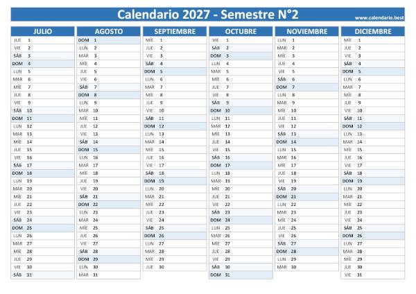 Calendario del segundo semestre de 2027 en blanco, diseño azul, A4 horizontal