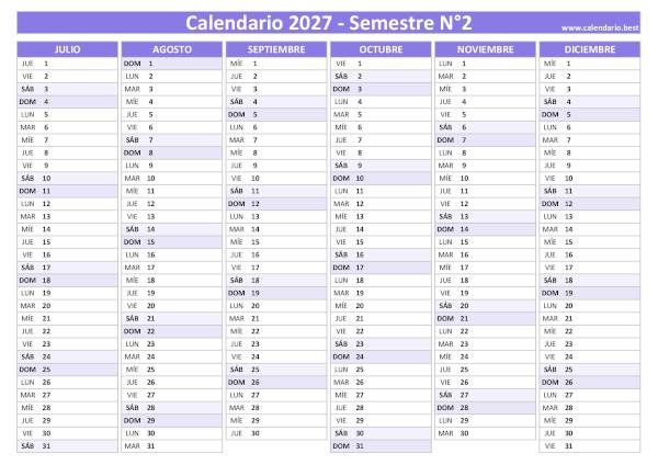 Calendario del segundo semestre de 2027 en blanco, diseño morado, A4 horizontal