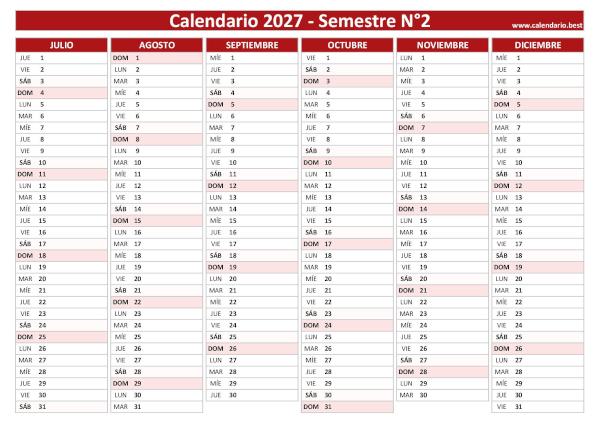 Calendario del segundo semestre de 2027 en blanco, diseño rojo, A4 horizontal