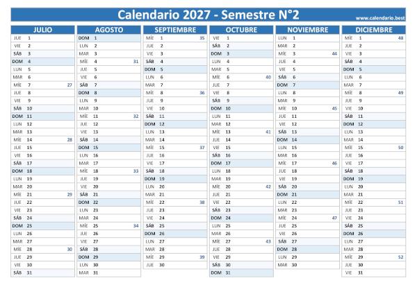 Calendario de julio a diciembre de 2027 con números de semana ISO, diseño azul, A4 horizontal