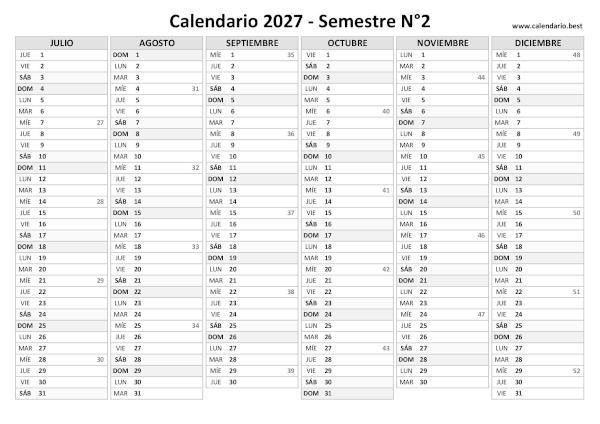 Calendario de julio a diciembre de 2027 con números de semana ISO, en blanco y negro, A4 horizontal