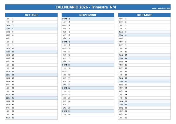 Calendario del cuarto trimestre de 2026 en blanco, diseño azul para imprimir en A4