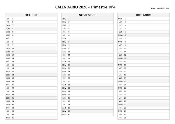 Calendario del cuarto trimestre de 2026 en blanco, diseño en blanco y negro para imprimir en A4