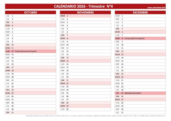 Calendario laboral del cuarto trimestre de 2026, diseño rojo con días festivos
