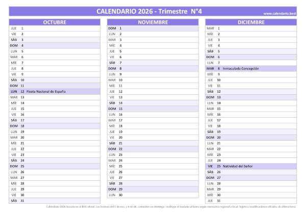Calendario laboral del cuarto trimestre de 2026, diseño morado con festivos