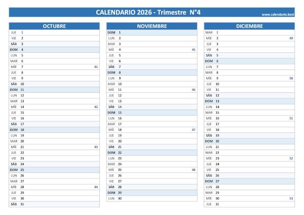 Calendario del cuarto trimestre de 2026 con semanas, diseño azul para empresas