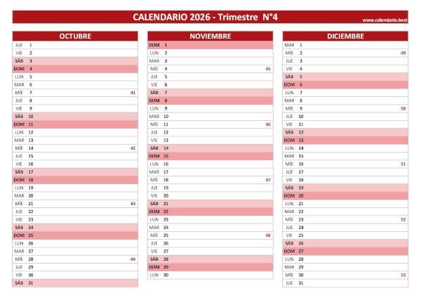 Calendario del cuarto trimestre de 2026 con semanas, diseño rojo ISO 8601