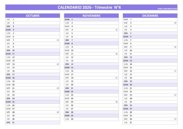 Calendario del cuarto trimestre de 2026 con semanas, diseño morado elegante