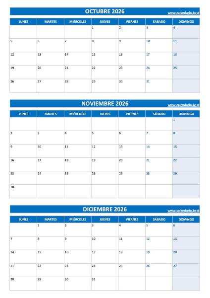 Calendario del cuarto trimestre de 2026 en azul con octubre, noviembre y diciembre