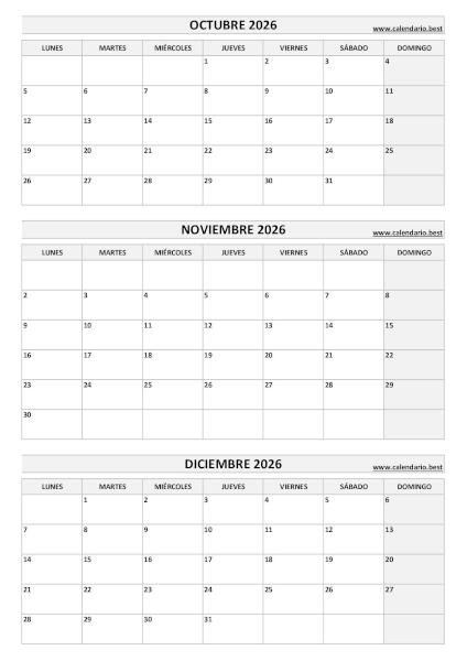 Calendario vertical del cuarto trimestre de 2026