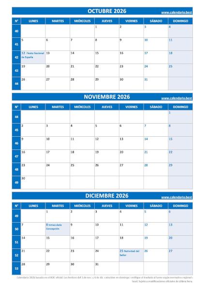 Calendario del cuarto trimestre de 2026 azul con números de semana y festivos de España