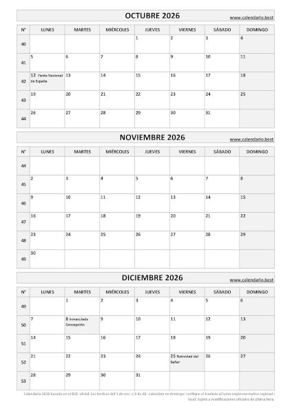 Calendario del cuarto trimestre de 2026 en blanco y negro con números de semana y festivos de España