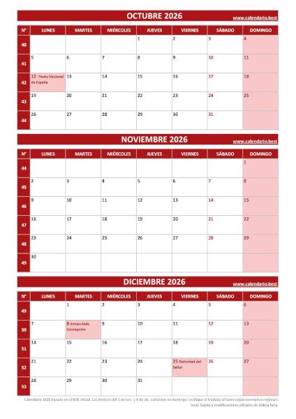 Calendario del cuarto trimestre de 2026 rojo con números de semana y festivos de España