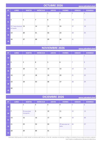 Calendario del cuarto trimestre de 2026 violeta con números de semana y festivos de España