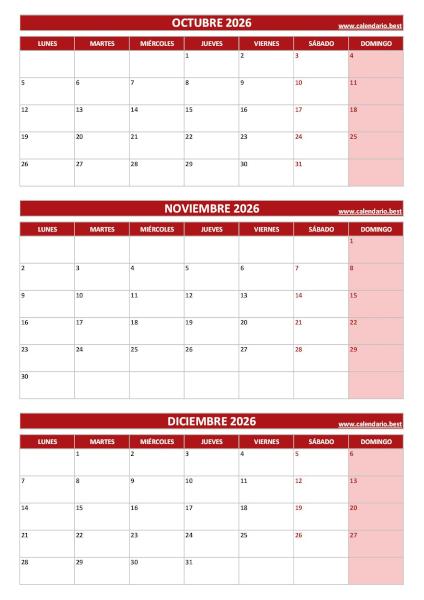 Calendario del cuarto trimestre de 2026 con octubre, noviembre y diciembre para imprimir