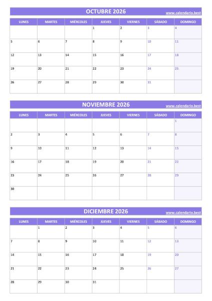 Calendario del cuarto trimestre de 2026 en violeta con octubre, noviembre y diciembre