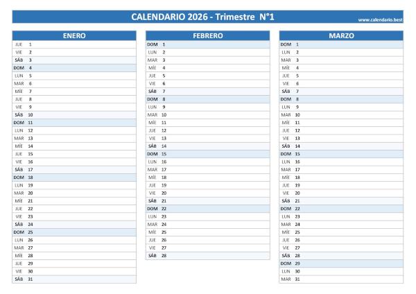 Calendario del primer trimestre de 2026 en blanco, diseño azul para imprimir en A4