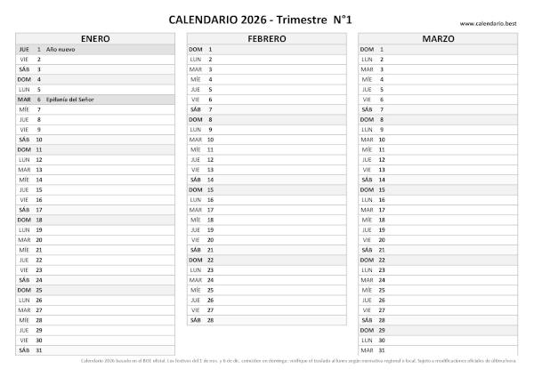 Calendario trimestral 2026 por trimestres