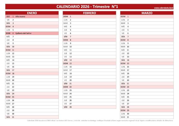 Calendario laboral del primer trimestre de 2026, diseño rojo con días festivos