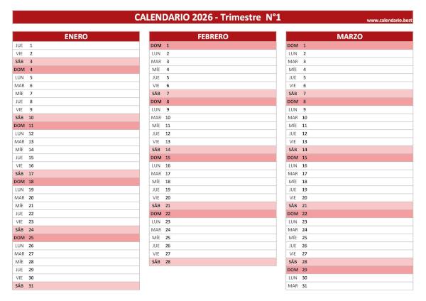 Calendario del primer trimestre de 2026 en blanco, diseño rojo para imprimir en A4