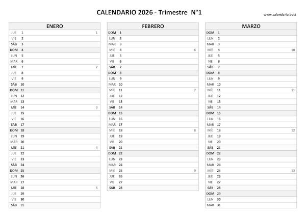 Calendario del primer trimestre de 2026 con semanas, diseño en blanco y negro para imprimir