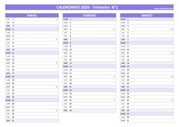 Calendario del primer trimestre de 2026 con semanas, diseño morado elegante