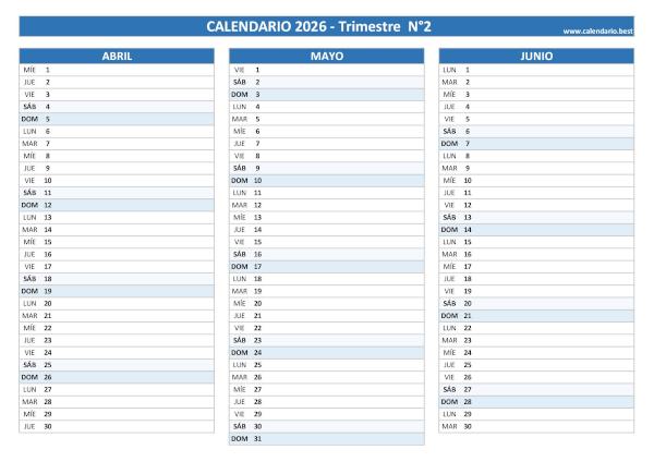 Calendario del segundo trimestre de 2026 en blanco, diseño azul para imprimir en A4