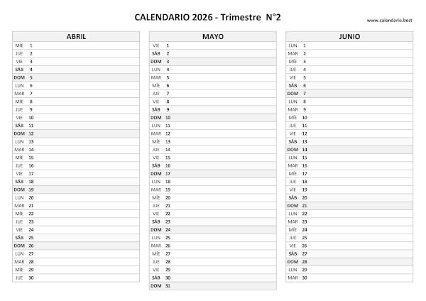 Calendario del segundo trimestre de 2026 en blanco, diseño en blanco y negro para imprimir en A4
