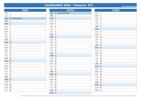 Calendario laboral del segundo trimestre de 2026, diseño azul para empresas