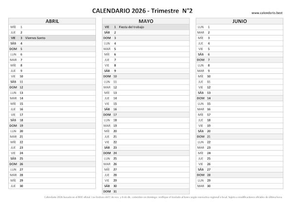 Calendario laboral del segundo trimestre de 2026, diseño en blanco y negro con festivos