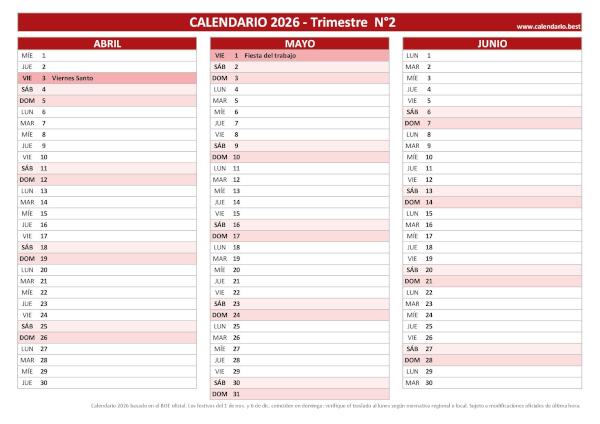 Calendario laboral del segundo trimestre de 2026, diseño rojo con días festivos