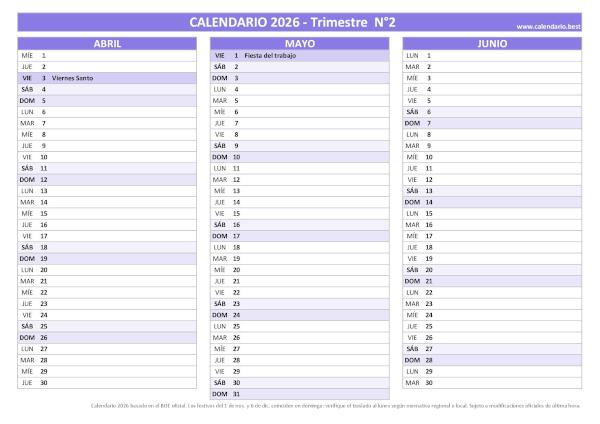 Calendario laboral del segundo trimestre de 2026, diseño morado con festivos