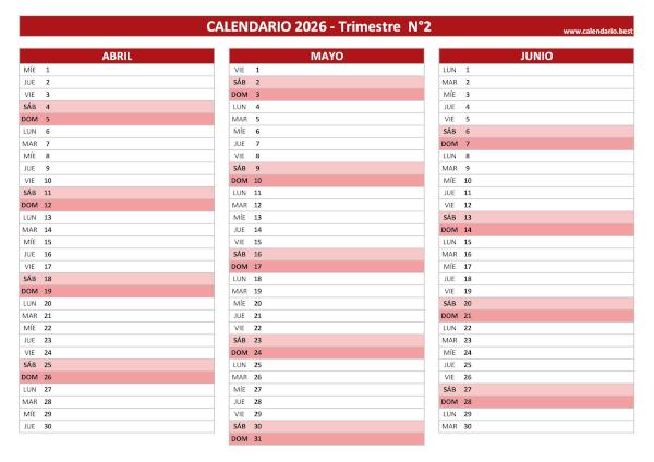 Calendario del segundo trimestre de 2026 en blanco, diseño rojo para imprimir en A4