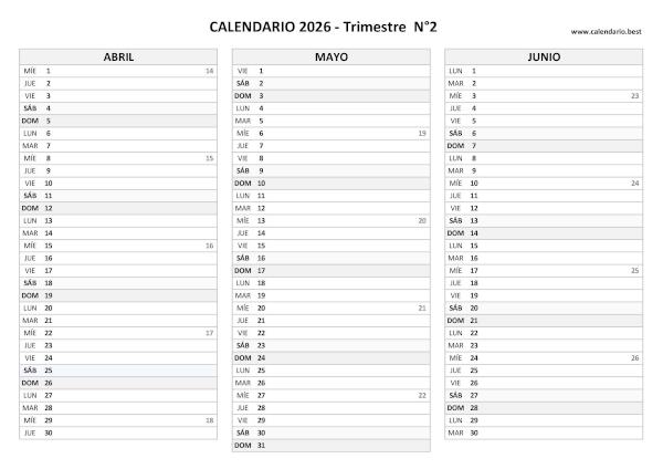 Calendario trimestral 2026 con números de semana (ISO 8601) para imprimir