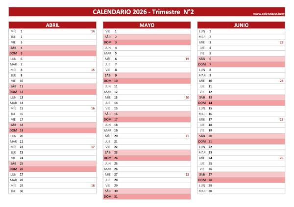Calendario del segundo trimestre de 2026 con semanas, diseño rojo ISO 8601