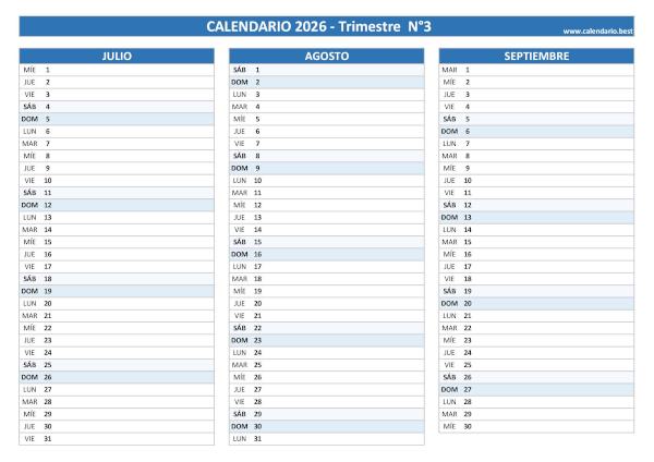 Calendario del tercer trimestre de 2026 en blanco, diseño azul para imprimir en A4