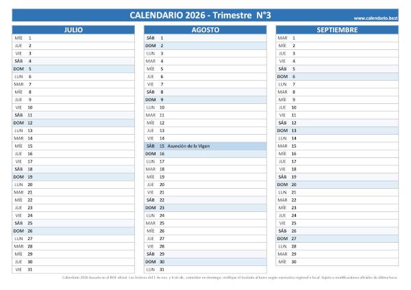 Calendario laboral del tercer trimestre de 2026, diseño azul para empresas