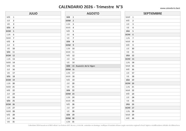 Calendario tercer trimestre 2026 para imprimir, plantilla T3 laboral (PDF y JPG)